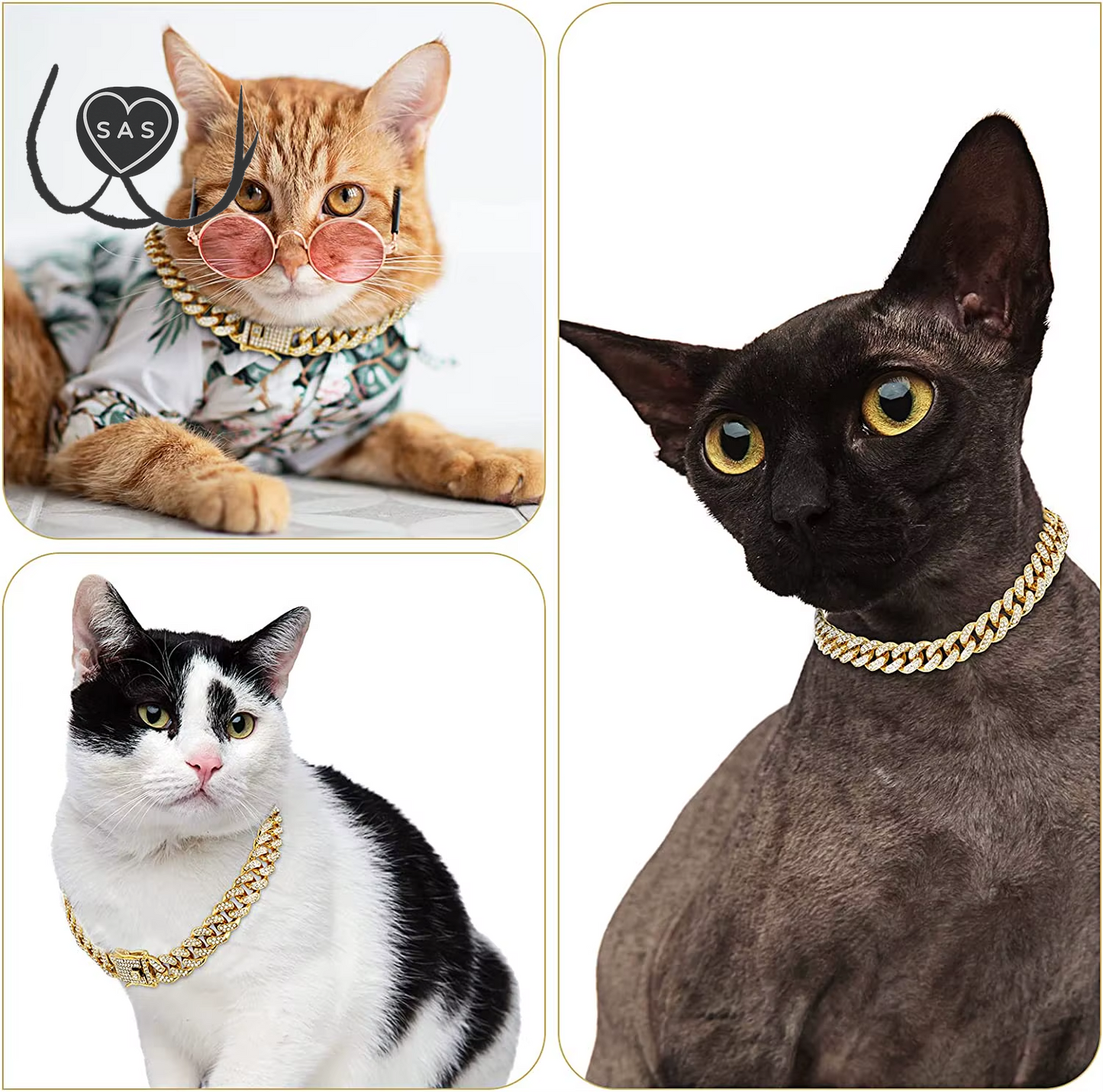 Luxury Gold Cat Necklace Jewelry Rhinestone Pet Cuban Chain Collar Kitten Doggie Wedding Prom Costume Accessories for Cats Puppy
