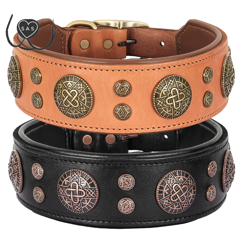 Real Leather Dog Collar Cool Spiked Studded Pet Collars Genuine Leather Medium Large Dogs Collars Necklace Pitbull Bulldog
