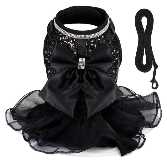 Pink Cat Dress Small Dogs Cats Summer Dresses with Cute Bowknot Bling Rhinestone Accessories Nylon Pet Vest Harness and Leash