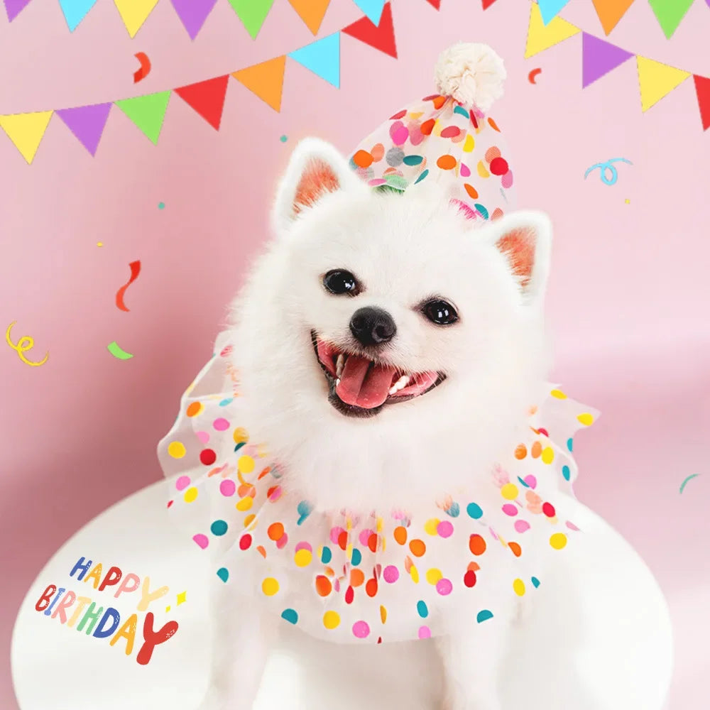 2/1Pcs Cute Dot Cat Dog Birthday Bib and Party Hat Mini Doggy Cat Adjustable Bandana Scarf Pet Birthday Outfit Puppy Supplies