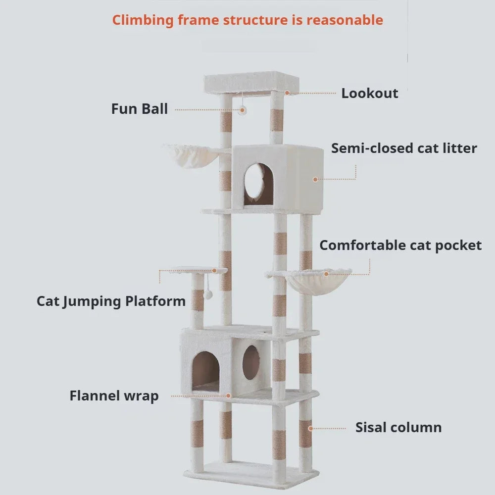 Multi-Level Plush Cats Condo Large Cat Tree Tall Cat Tower with Scratching Posts Scratching Boards Perches Caves for Indoor Cats