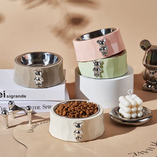 Pet Supplies Pet Stainless Steel Bowl Diamond Bear Pet Bowl Cat Food Bowl Dog Food Utensils anti Slip anti Overturning Dog Bowl