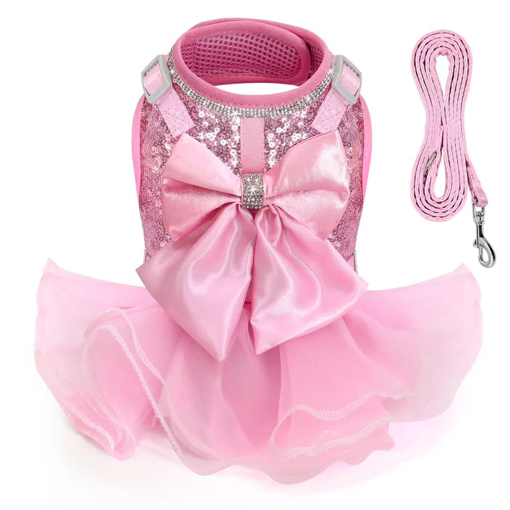 Pink Cat Dress Small Dogs Cats Summer Dresses with Cute Bowknot Bling Rhinestone Accessories Nylon Pet Vest Harness and Leash