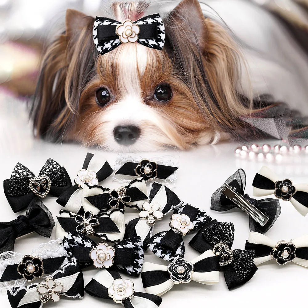 10PCS Dog Bows Wirh Metal Clips Black Style Luxury Pearl Puppy Bows Hair Accessories for Dogs Handmade Pet Small Dog Bowknots