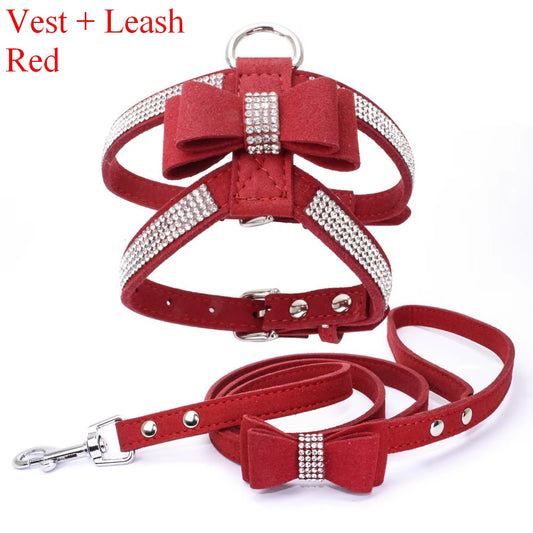 Pet Harness Leash with Rhinestone Bling Crystal Adjustable Chest Strap Soft Suede Bow Leather High Quality Drop Shipping