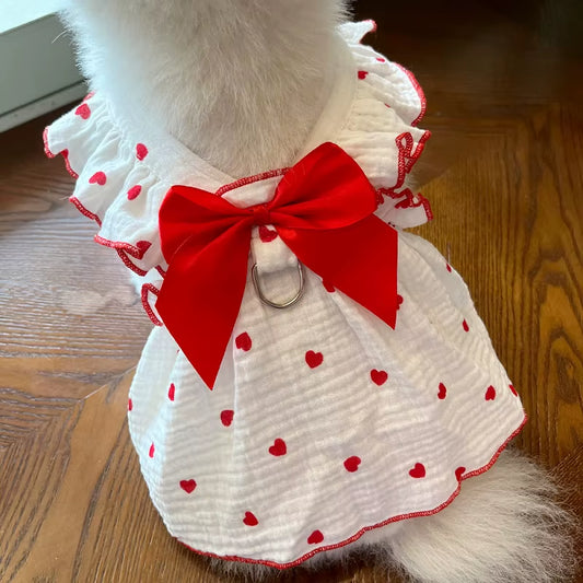 Summer Dog Cooling Dress Thin Bow Heart Print Dog Clothes Pet Skirt Kitten Puppy Costume Chihuahua Bichon Yorkie Girls Dog Vest