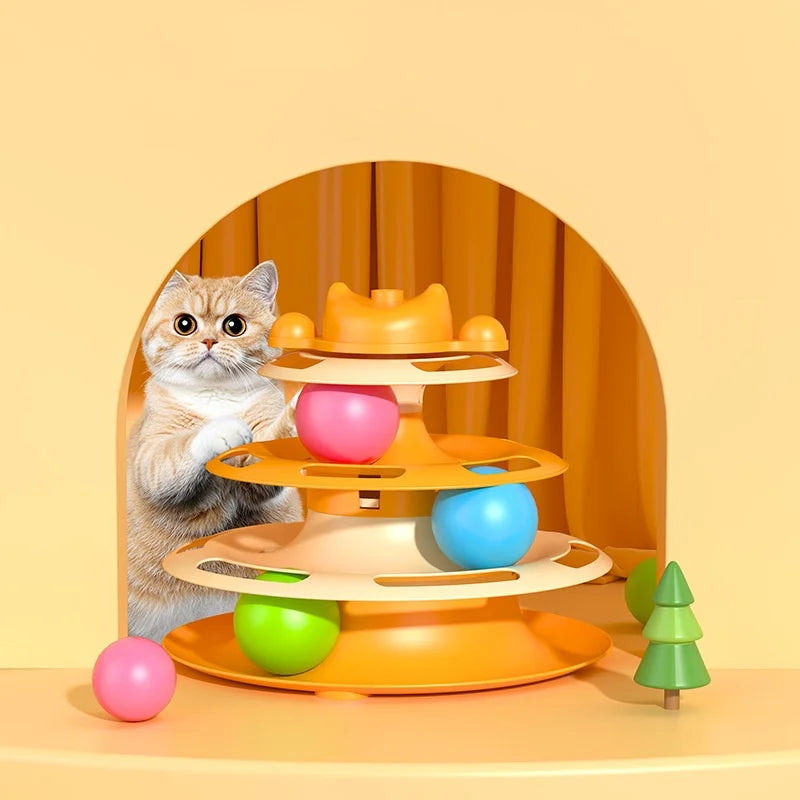 1Pcs 4-Layer Feather Cat Turntable with Fun Toy Ball and Playing Stick - Interactive Toy for Cats