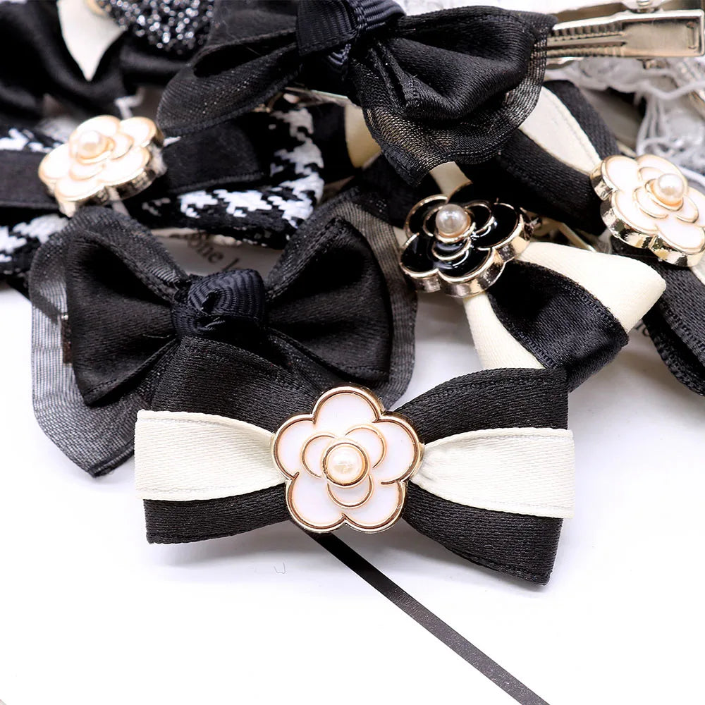 10PCS Dog Bows Wirh Metal Clips Black Style Luxury Pearl Puppy Bows Hair Accessories for Dogs Handmade Pet Small Dog Bowknots