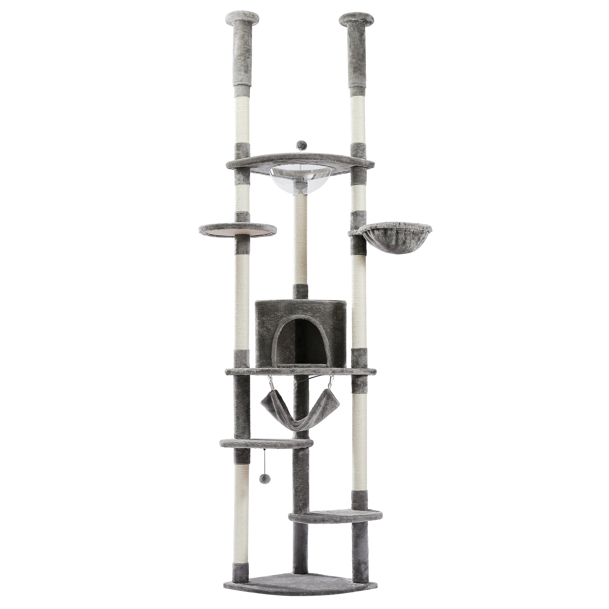 Floor to Ceiling Cat Tree Adjustable Cat Tower Tall Kitty Climbing Play House with Scratching Posts Cozy Condo Perches Hammock