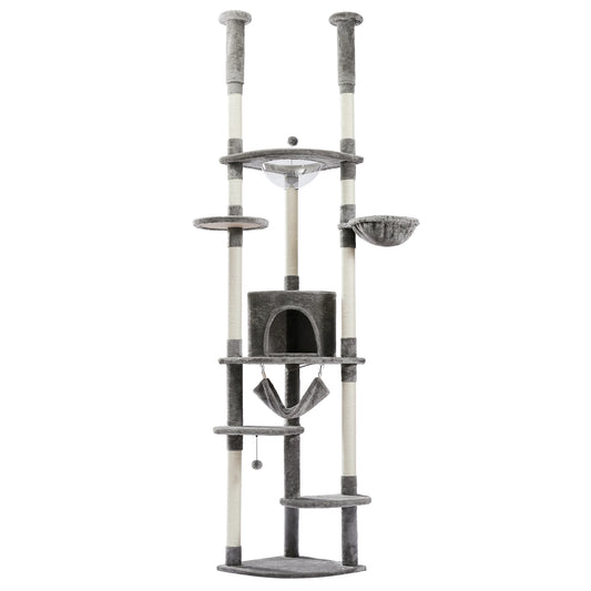 Floor to Ceiling Cat Tree Adjustable Cat Tower Tall Kitty Climbing Play House with Scratching Posts Cozy Condo Perches Hammock