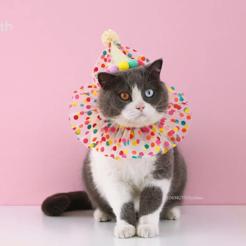 2/1Pcs Cute Dot Cat Dog Birthday Bib and Party Hat Mini Doggy Cat Adjustable Bandana Scarf Pet Birthday Outfit Puppy Supplies