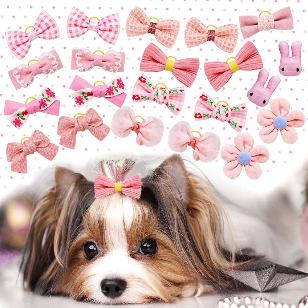 10Pcs Pink Style Dog Bowknot Small Dog Hair Bows with Rubber Bands Cat Dog Hair Decorate Pet Grooming Accessories