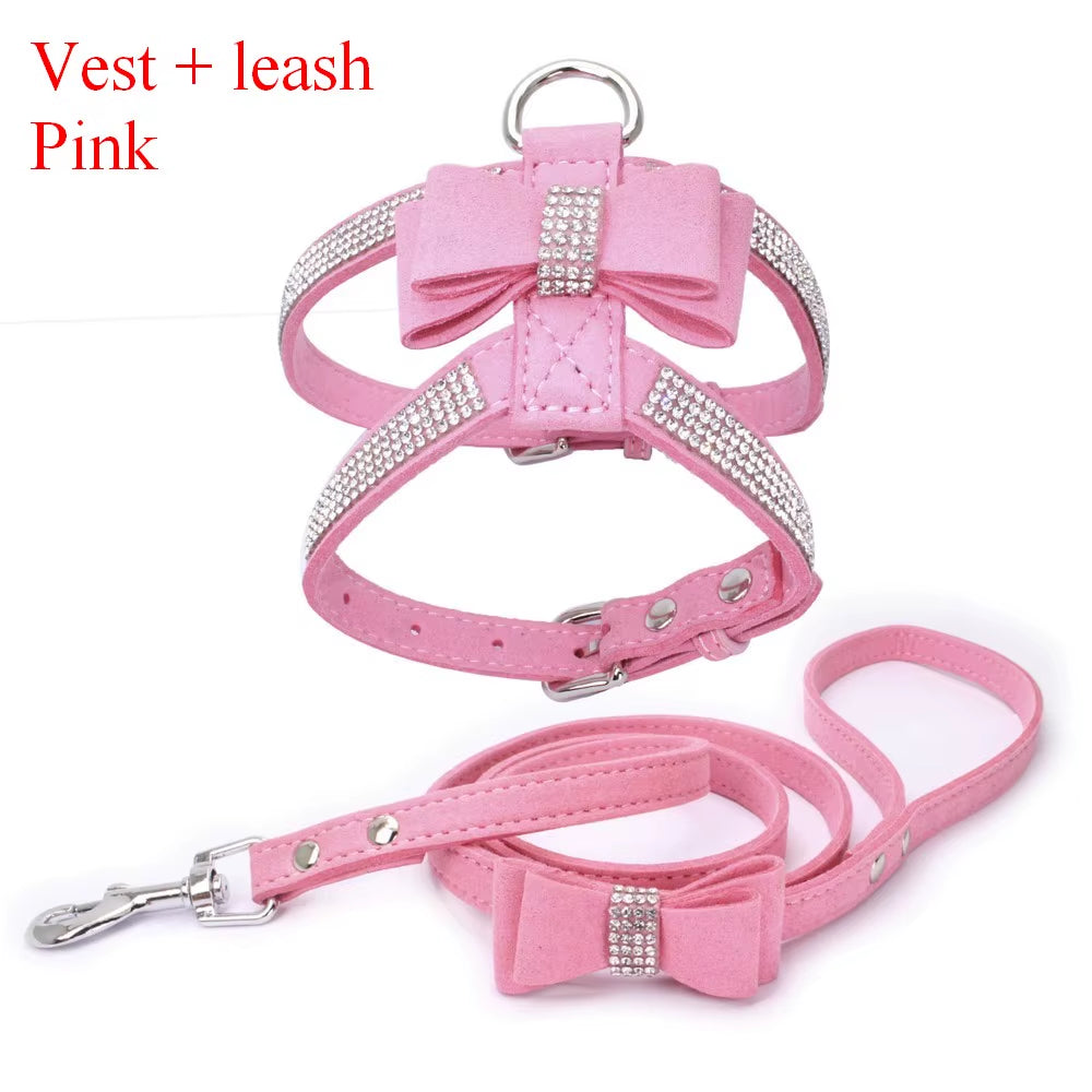 Pet Harness Leash with Rhinestone Bling Crystal Adjustable Chest Strap Soft Suede Bow Leather High Quality Drop Shipping