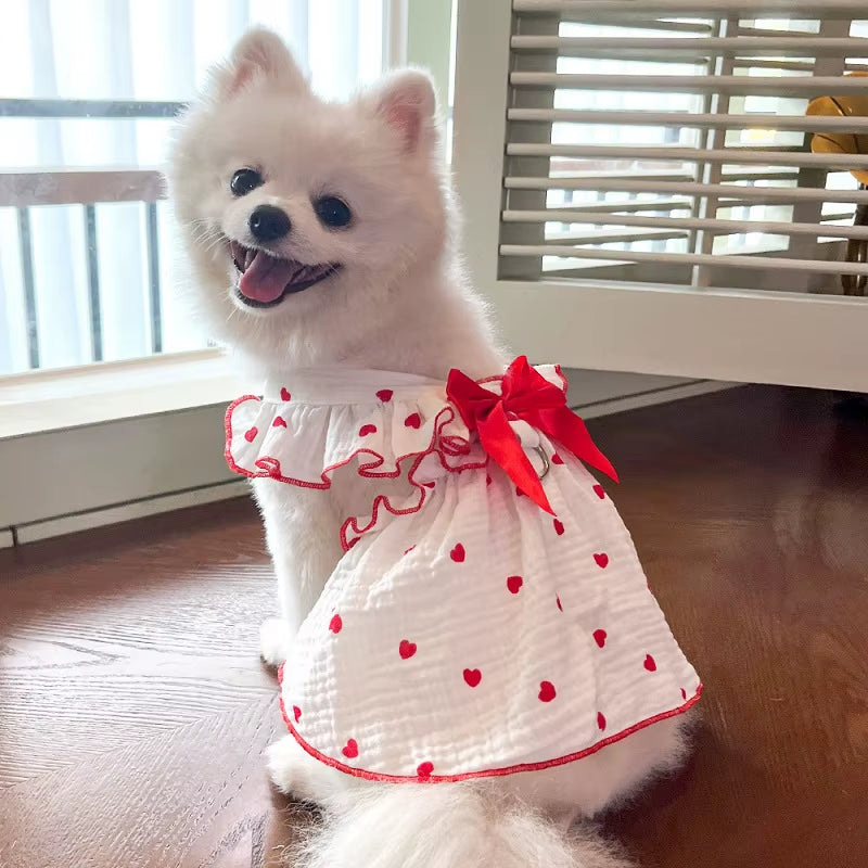 Summer Dog Cooling Dress Thin Bow Heart Print Dog Clothes Pet Skirt Kitten Puppy Costume Chihuahua Bichon Yorkie Girls Dog Vest