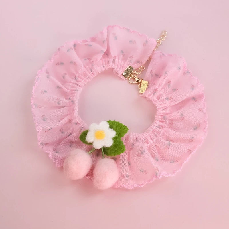 Red Pink Cherry Dog Collar for Chihuahua York Lace Floral Birthday Kitten Necklace Romantic Princess Pet Cat Neck Accessories