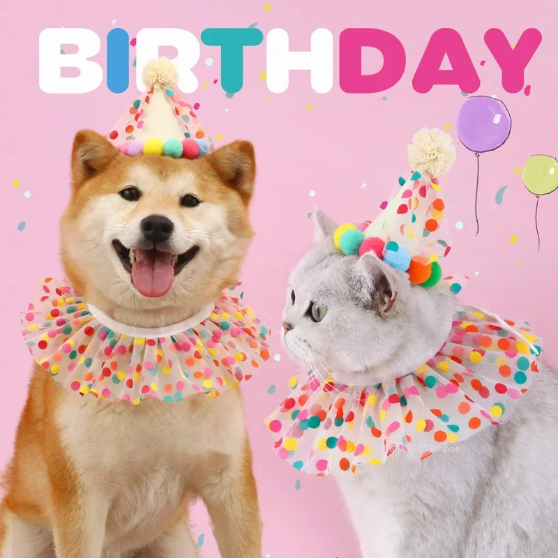 2/1Pcs Cute Dot Cat Dog Birthday Bib and Party Hat Mini Doggy Cat Adjustable Bandana Scarf Pet Birthday Outfit Puppy Supplies