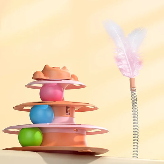 1Pcs 4-Layer Feather Cat Turntable with Fun Toy Ball and Playing Stick - Interactive Toy for Cats