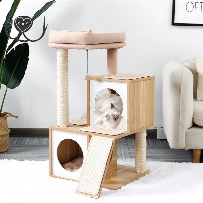 Cat Tree House with Scratching Board Cat’S Activity Center with Double Condos Soft Top Perch Fully Wrapped Scratching Sisal Post
