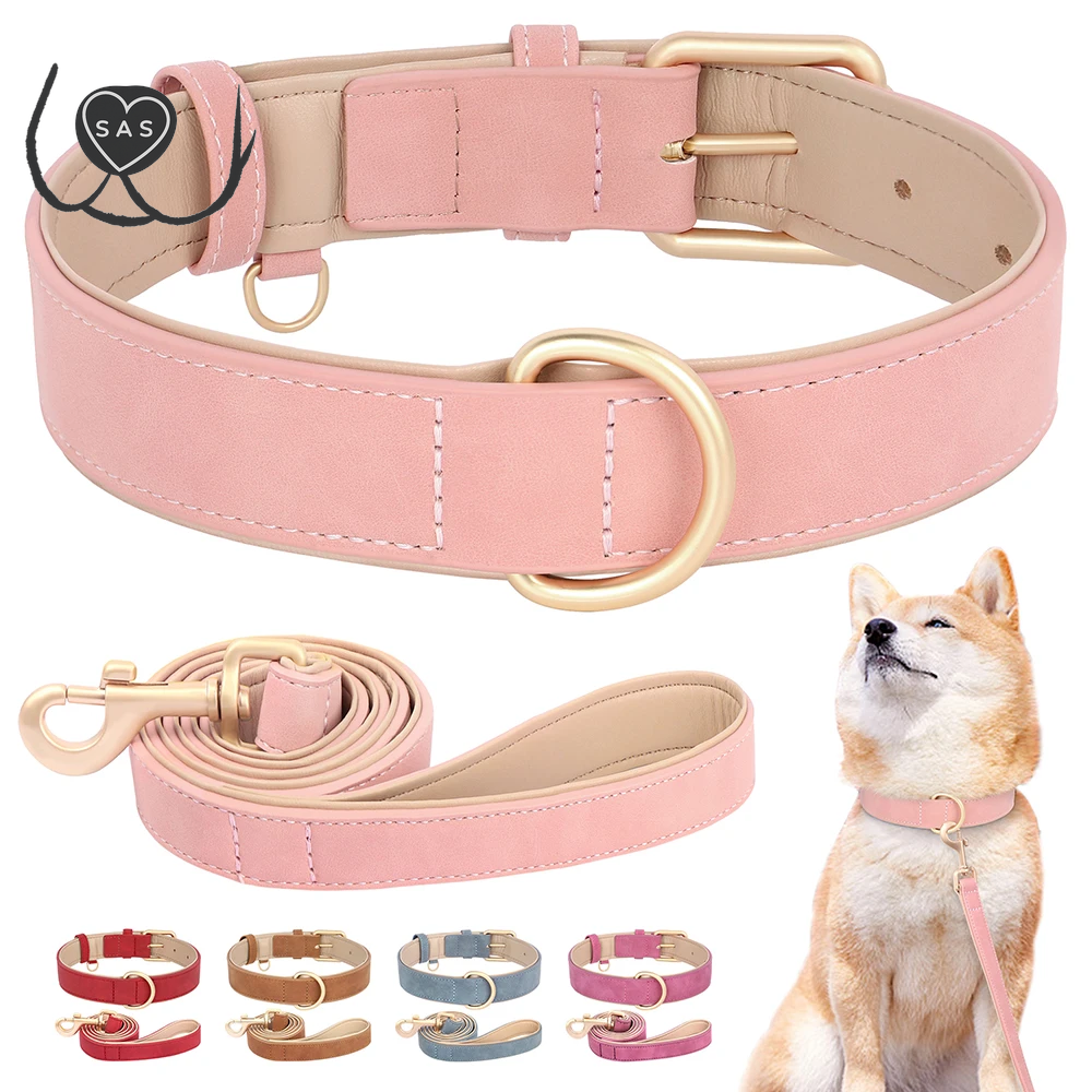 Soft Padded Dog Collar Leash Set PU Leather Pet Dog Collars Necklace with Walking Lead Rope Adjustable for Small Medium Dogs Pug