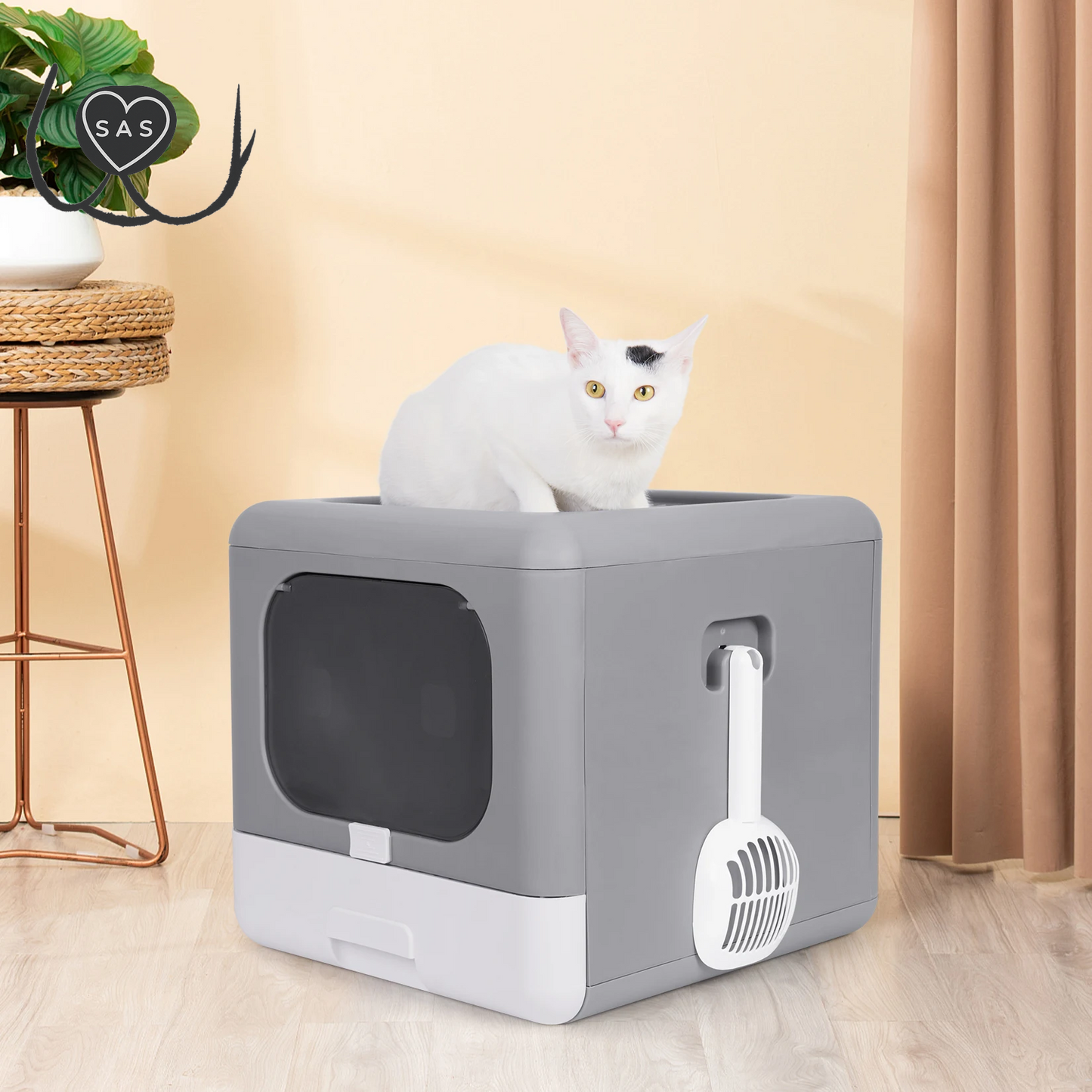 Cat Litter Box Foldable Top Entry Litter Box with Cat Litter Scoop Drawer for Medium and Large Cats