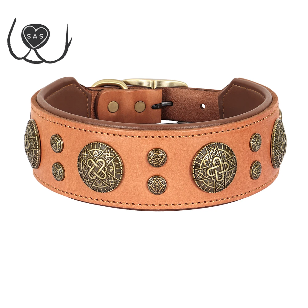 Real Leather Dog Collar Cool Spiked Studded Pet Collars Genuine Leather Medium Large Dogs Collars Necklace Pitbull Bulldog