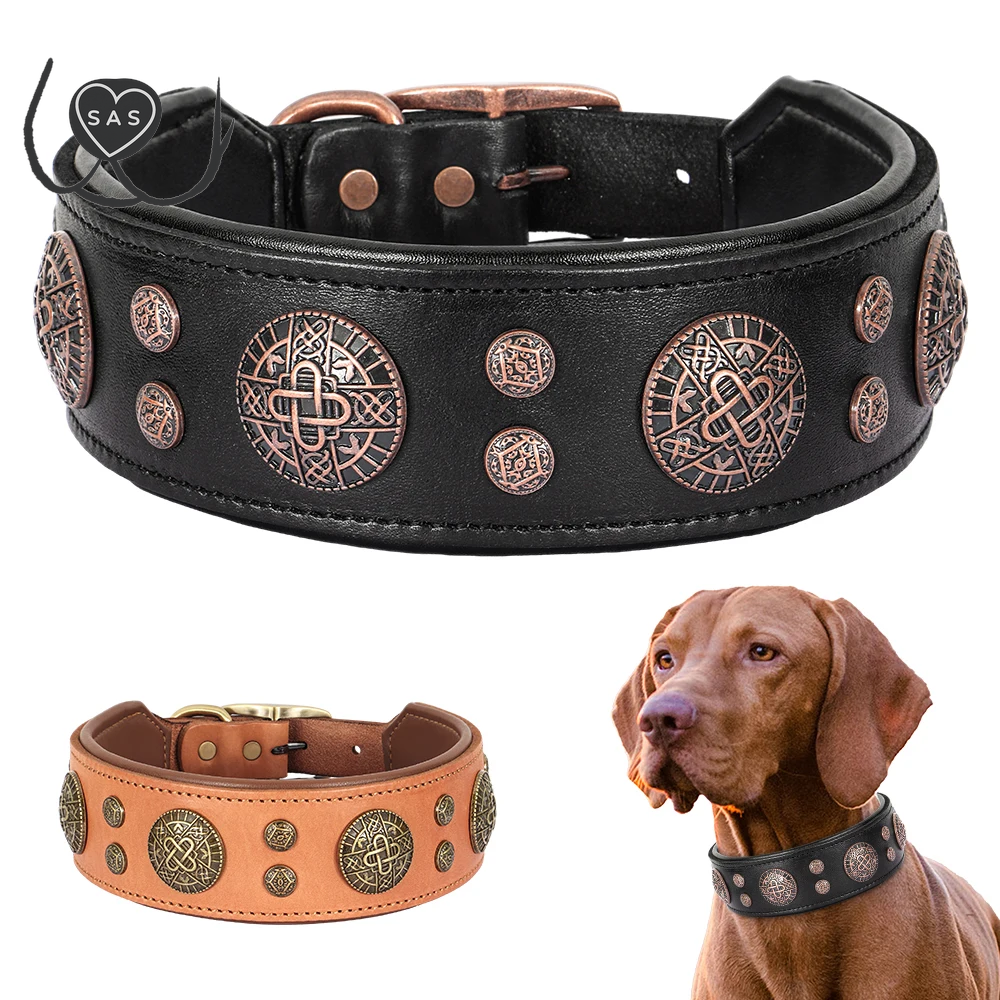 Real Leather Dog Collar Cool Spiked Studded Pet Collars Genuine Leather Medium Large Dogs Collars Necklace Pitbull Bulldog