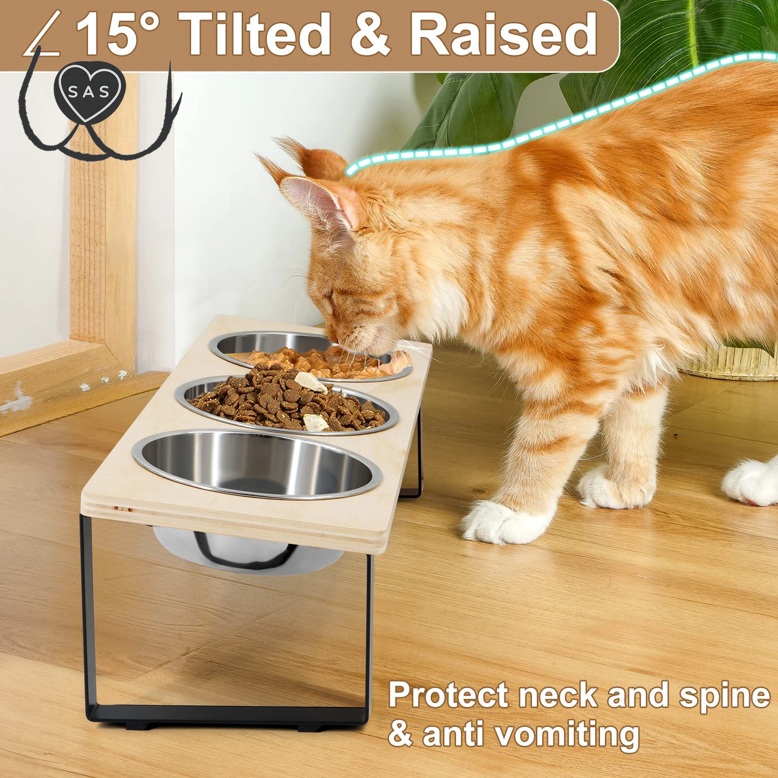 Elevated Cat Bowls Feeder 15° Tilted Raised Feeding & Watering Supplies Pet 3 Stainless Steel Bowls with Stand for Cats Puppies