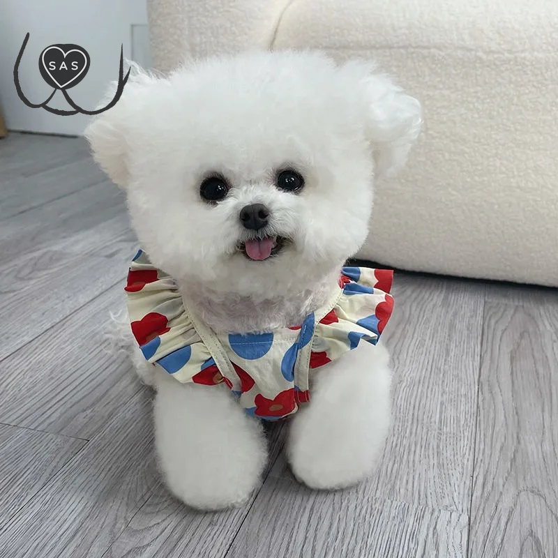 Breathable Poodle Dress Dog Cat Summer Clothes Floral Fly Sleeve Teddy Skirt Small Dog Thin Pullover Sweatshirt