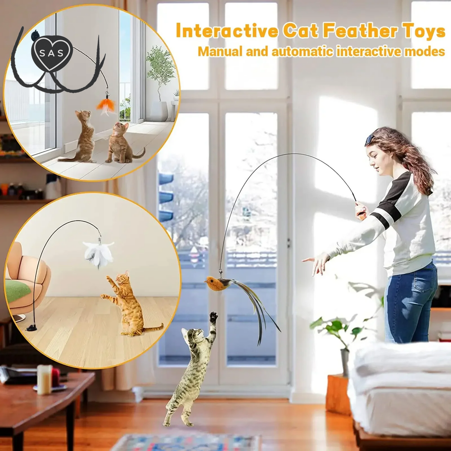 Cats Toys Feathers Wand Interactive Toy Kitten Toys with Super Suction Cup Detachable Feather Replacements Cat Accesorios