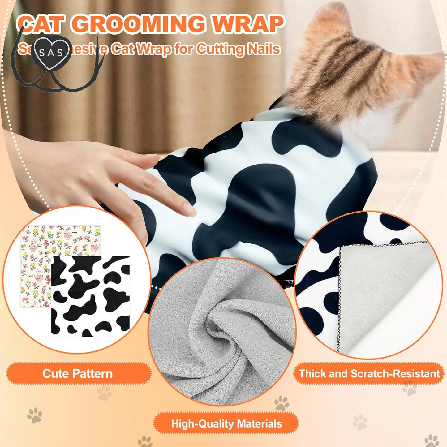 2Pcs Cat Grooming Wrap Self-Adhesive Cat Grooming Fabric Pet Swaddle Wrap Pet Grooming Supplies Applicable to Cats and Small Pet
