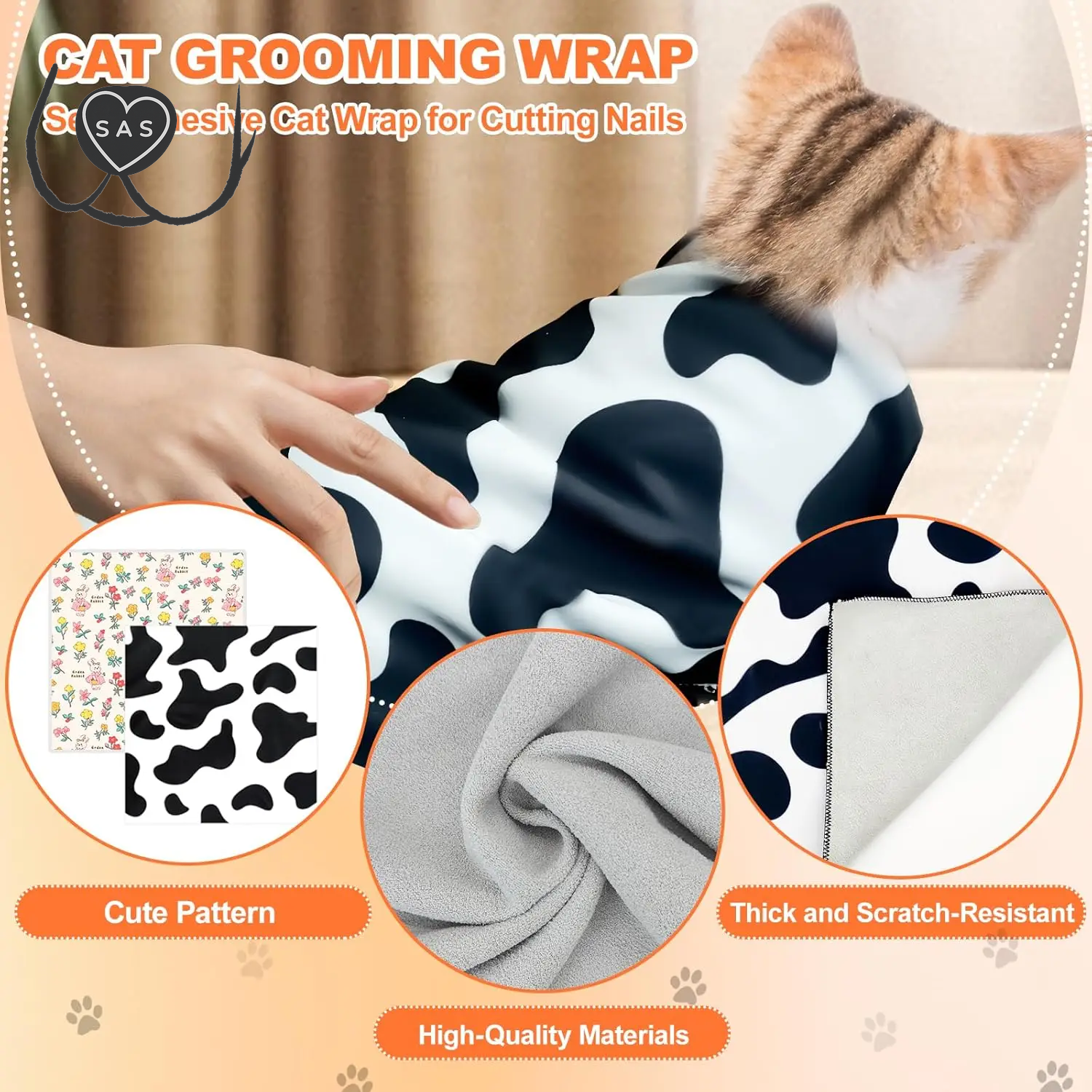 2Pcs Cat Grooming Wrap Self-Adhesive Cat Grooming Fabric Pet Swaddle Wrap Pet Grooming Supplies Applicable to Cats and Small Pet