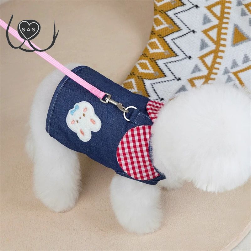 Cute Cartoon Denim Pet Dog Clothes Breathable Girl Summer Dresses for French Bulldog Creative Elastic Harness Small Puppy Vest
