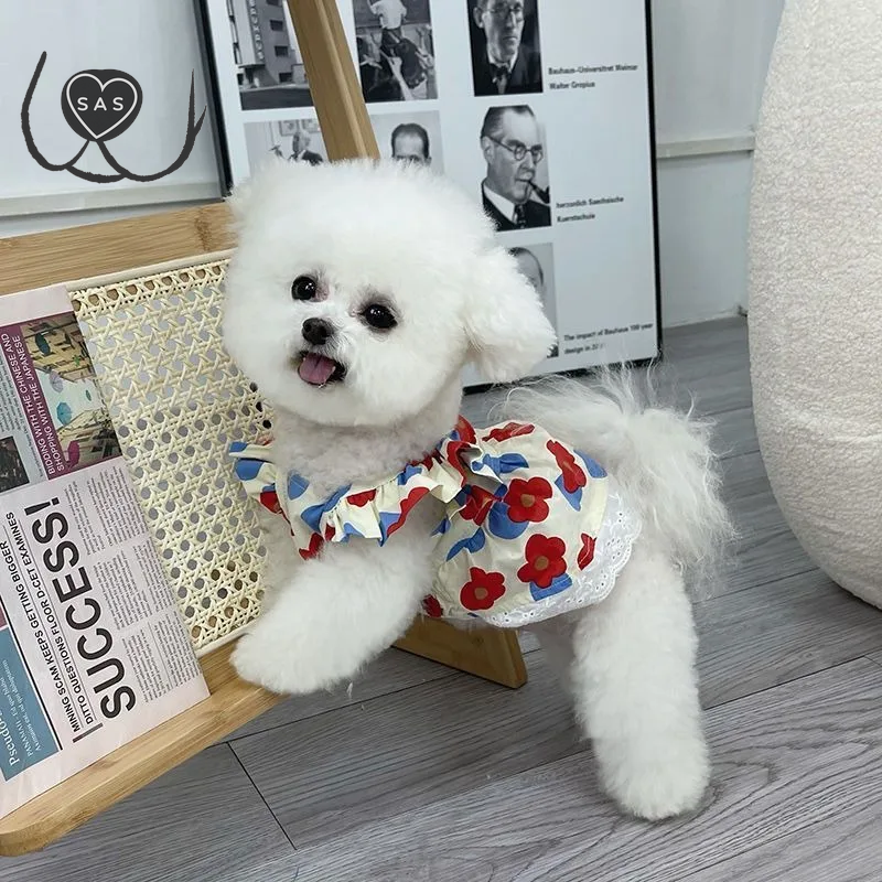 Breathable Poodle Dress Dog Cat Summer Clothes Floral Fly Sleeve Teddy Skirt Small Dog Thin Pullover Sweatshirt