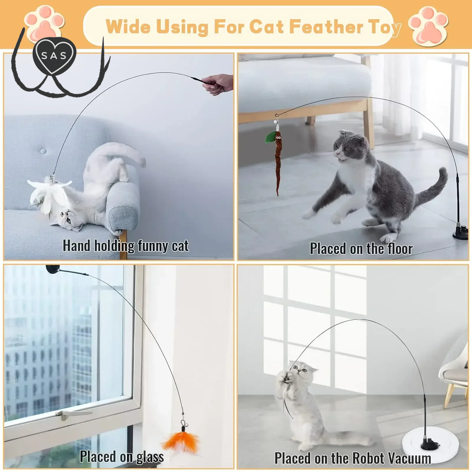 Cats Toys Feathers Wand Interactive Toy Kitten Toys with Super Suction Cup Detachable Feather Replacements Cat Accesorios