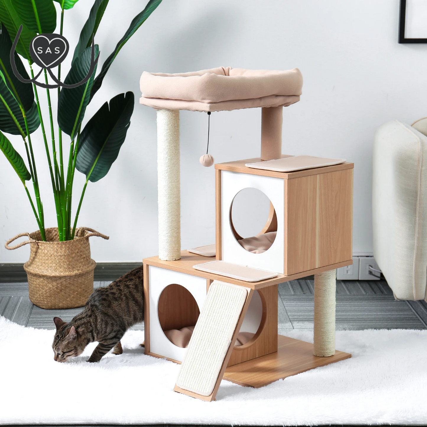Cat Tree House with Scratching Board Cat’S Activity Center with Double Condos Soft Top Perch Fully Wrapped Scratching Sisal Post