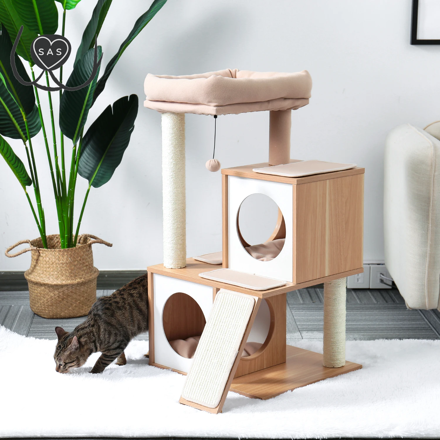 Cat Tree House with Scratching Board Cat’S Activity Center with Double Condos Soft Top Perch Fully Wrapped Scratching Sisal Post