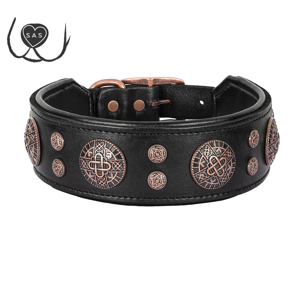 Real Leather Dog Collar Cool Spiked Studded Pet Collars Genuine Leather Medium Large Dogs Collars Necklace Pitbull Bulldog