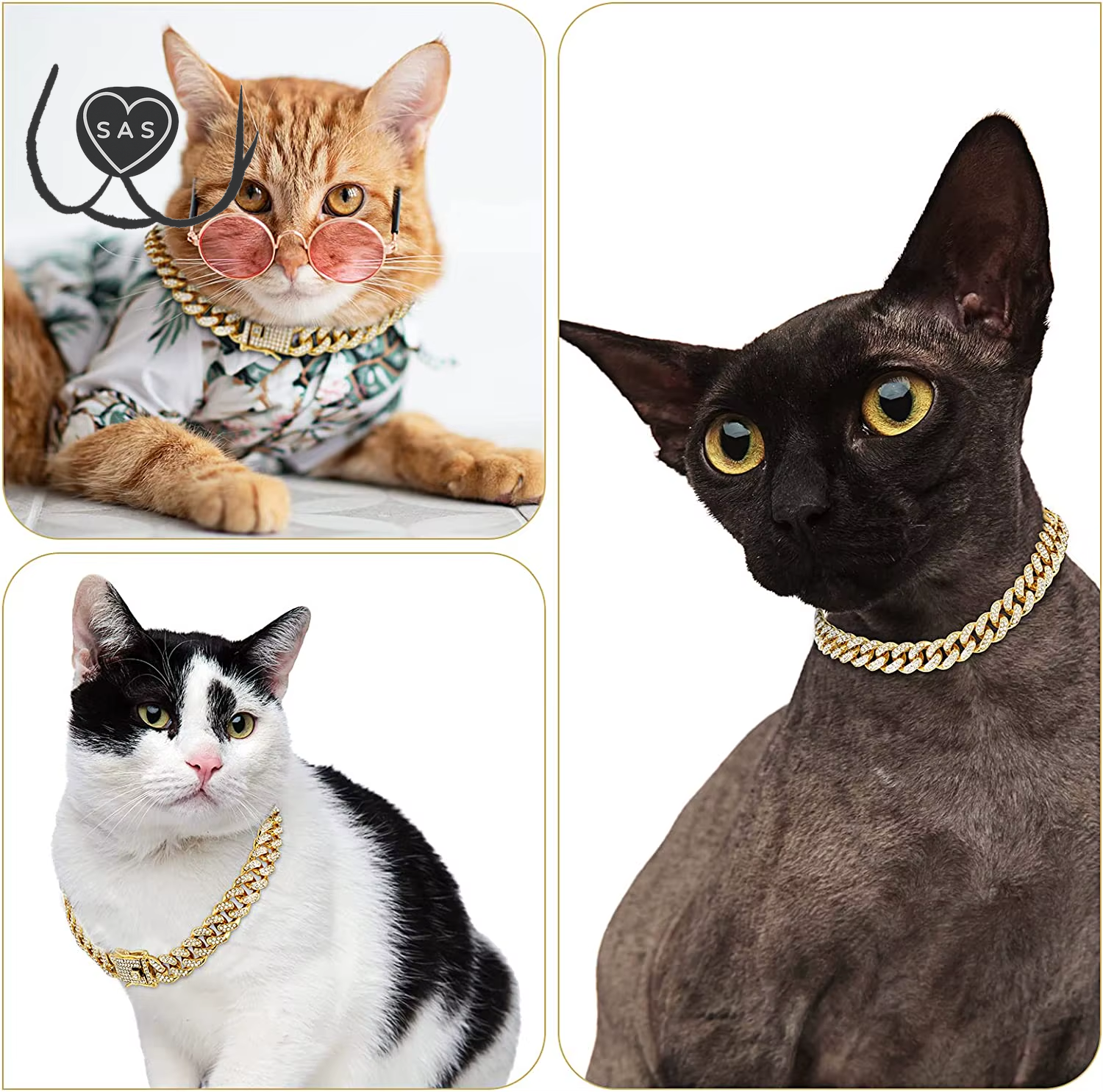 Luxury Gold Cat Necklace Jewelry Rhinestone Pet Cuban Chain Collar Kitten Doggie Wedding Prom Costume Accessories for Cats Puppy