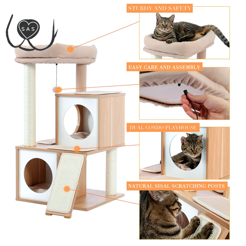 Cat Tree House with Scratching Board Cat’S Activity Center with Double Condos Soft Top Perch Fully Wrapped Scratching Sisal Post
