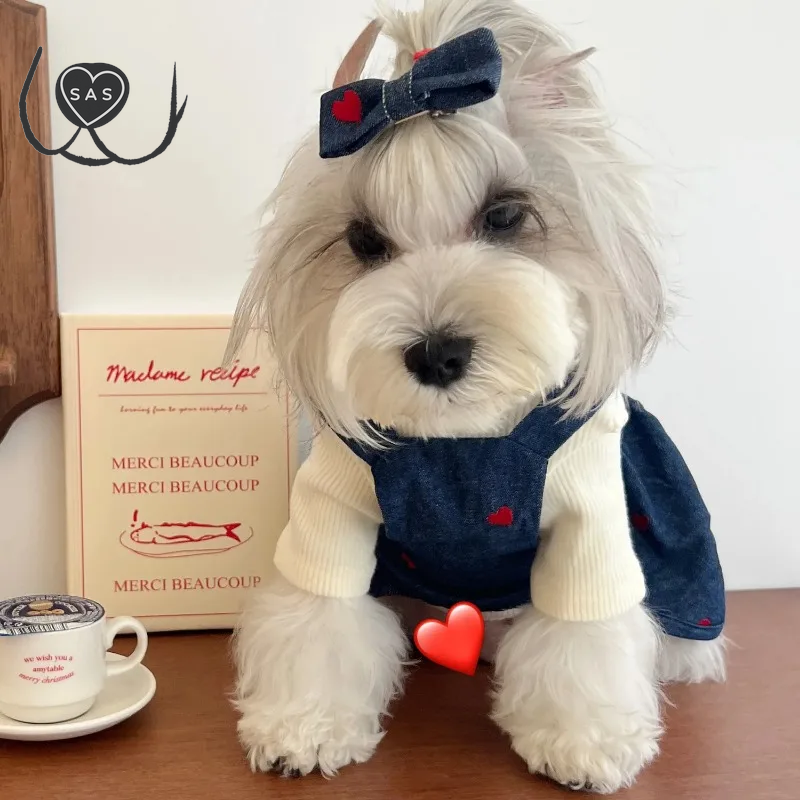 Love Dog Dress Four Seasons Pet Denim Love Strap Dress Pet Cat Dog Strap Dress Pumpkin Dress Bears Teddy Schnauzer Puppy Clothes