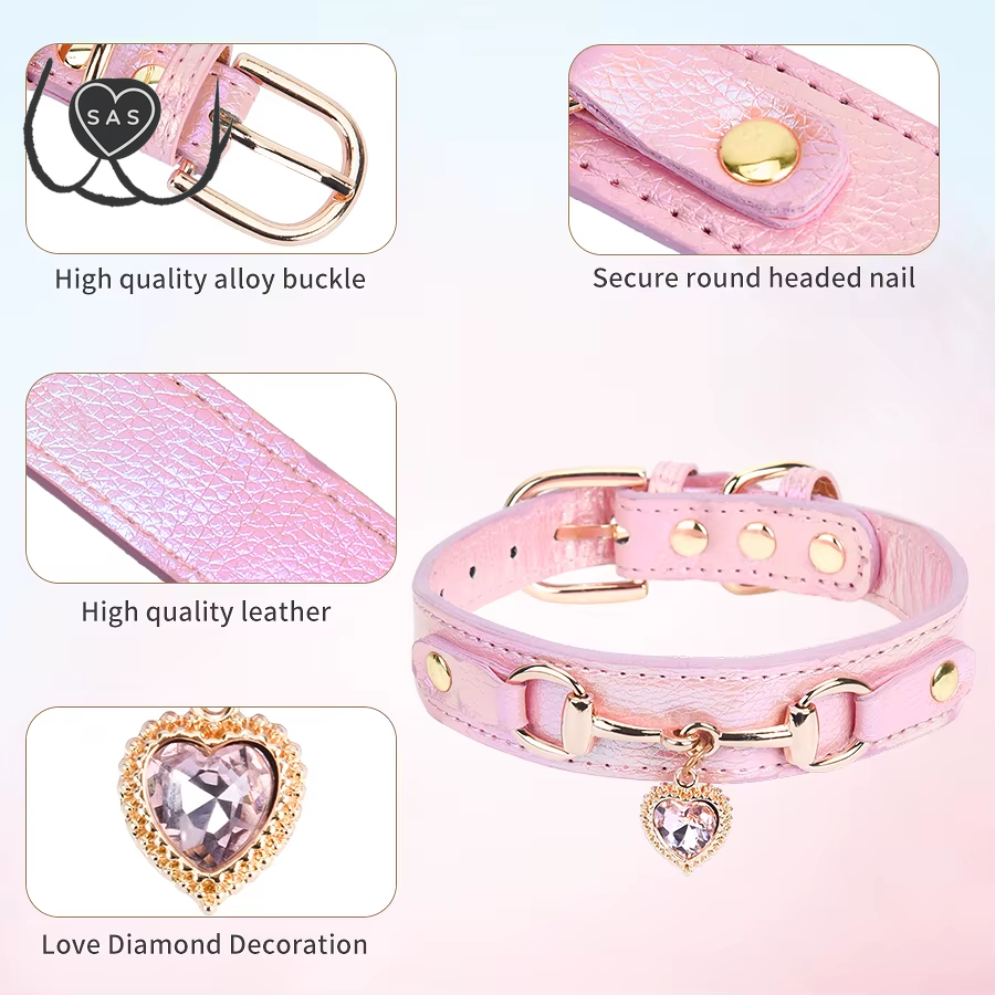 Cp567--Beautiful PU Pet Cat&Dog Collar Decorated with Sparkling Love，Adjustable and Durable.