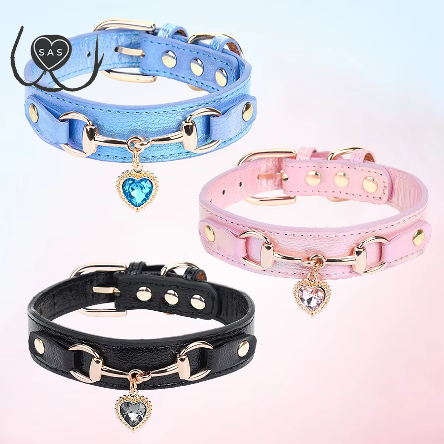 Cp567--Beautiful PU Pet Cat&Dog Collar Decorated with Sparkling Love，Adjustable and Durable.