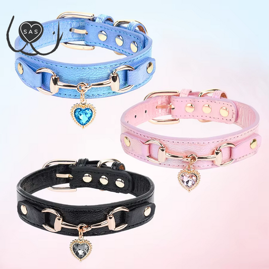 Cp567--Beautiful PU Pet Cat&Dog Collar Decorated with Sparkling Love，Adjustable and Durable.