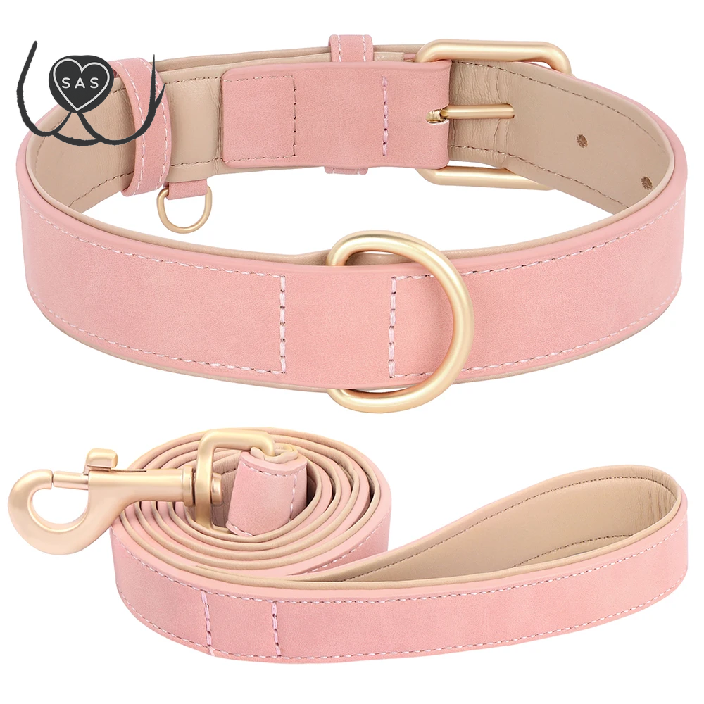 Soft Padded Dog Collar Leash Set PU Leather Pet Dog Collars Necklace with Walking Lead Rope Adjustable for Small Medium Dogs Pug