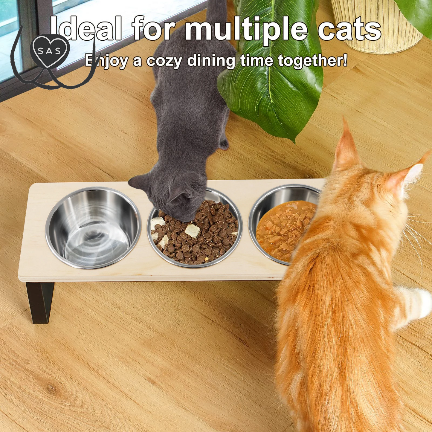 Elevated Cat Bowls Feeder 15° Tilted Raised Feeding & Watering Supplies Pet 3 Stainless Steel Bowls with Stand for Cats Puppies