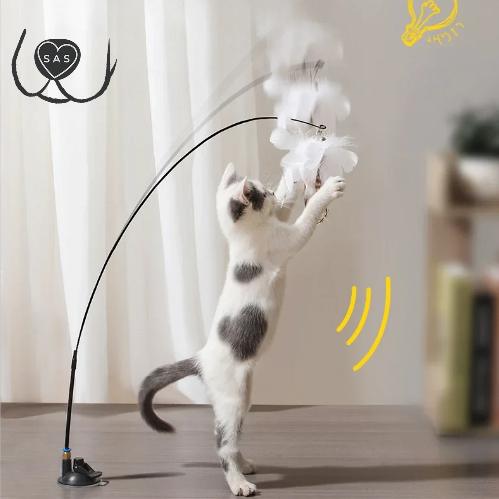 Cats Toys Feathers Wand Interactive Toy Kitten Toys with Super Suction Cup Detachable Feather Replacements Cat Accesorios