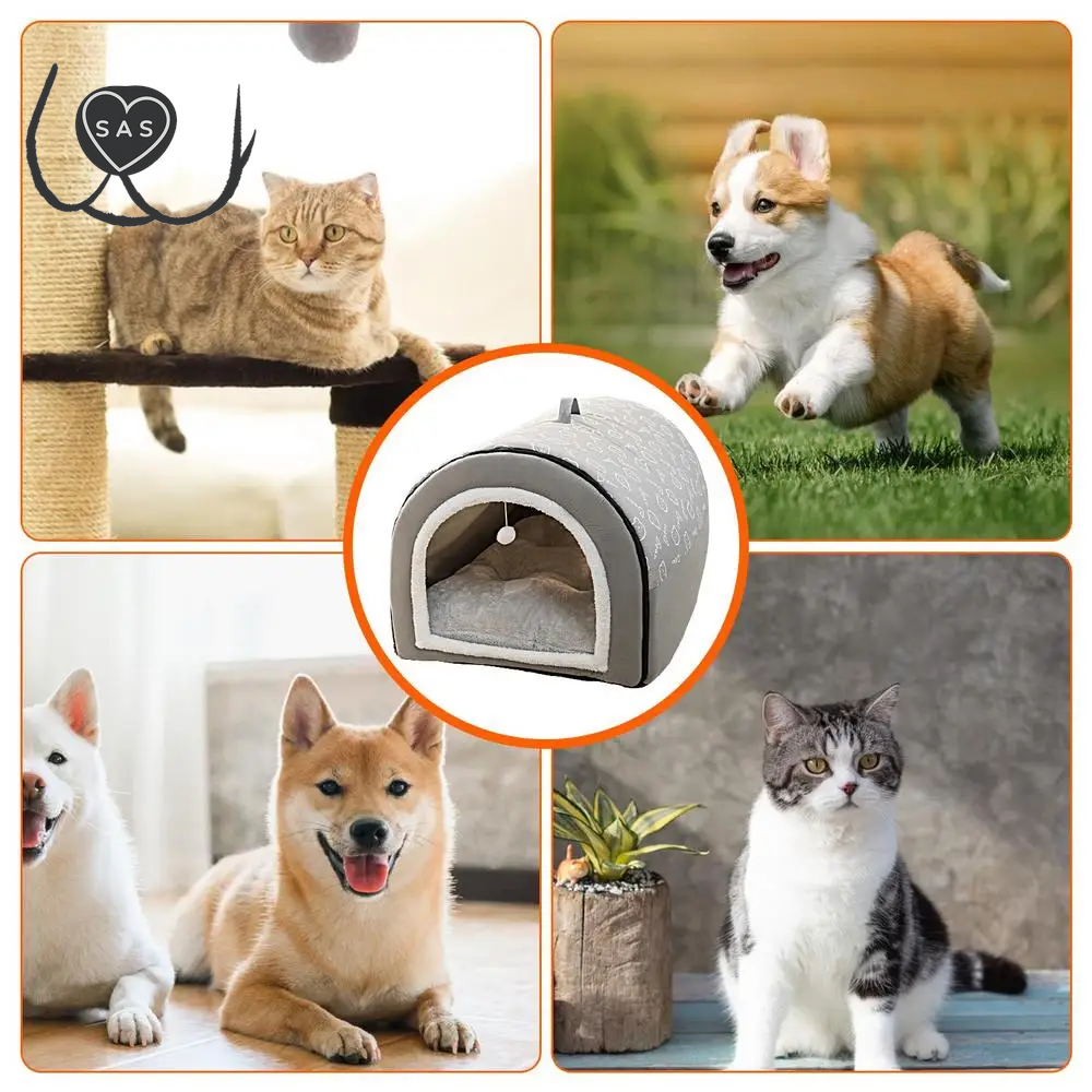 Dog Cave 2 in 1 Detachable Covered Cat Bed with Ball Pendant Cat Hideaway House, Warm Washable Cozy Dog Beds for Large Dogs