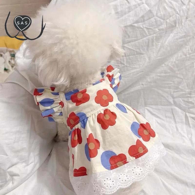 Breathable Poodle Dress Dog Cat Summer Clothes Floral Fly Sleeve Teddy Skirt Small Dog Thin Pullover Sweatshirt