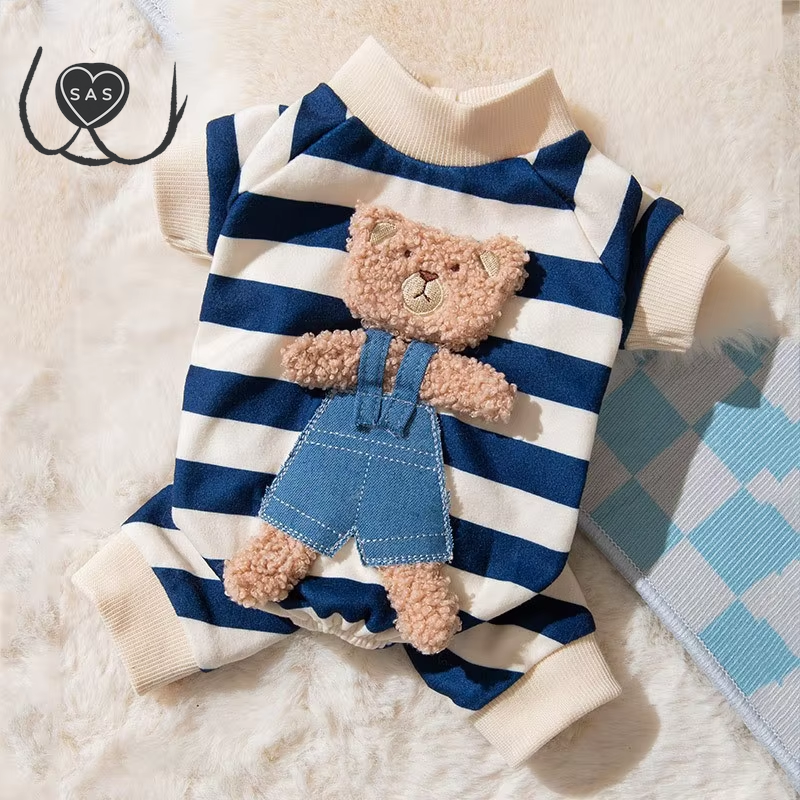 Thin Dog Clothes for Small Dogs Cute Bear Striped Dog Jumpsuit Pet Dog Coat Four Legs Dog Pajamas Kitten Puppy Sweatshirt Autumn