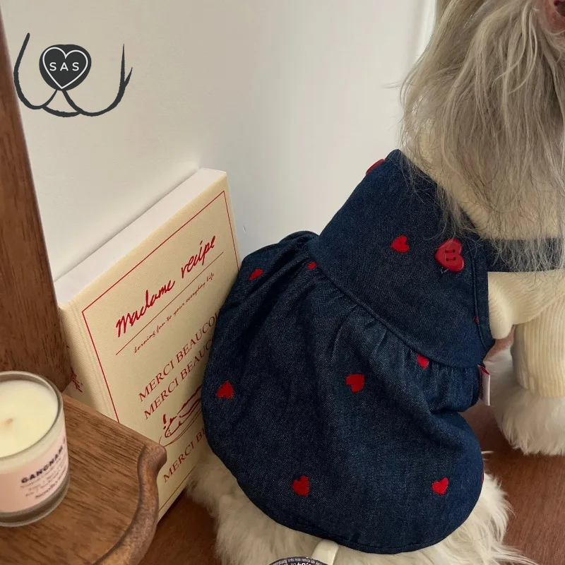 Love Dog Dress Four Seasons Pet Denim Love Strap Dress Pet Cat Dog Strap Dress Pumpkin Dress Bears Teddy Schnauzer Puppy Clothes